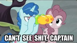 Size: 533x300 | Tagged: balloon vision, can't see shit captain, caption, derpibooru import, equal cutie mark, exploitable meme, image macro, meme, party favor, pinkie pie, safe, screencap, text, the cutie map, vulgar