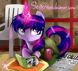 Size: 1410x1279 | Tagged: abigail "fetch" walker, artist:supermare, book, crossover, daring do and the sapphire statue, derpibooru import, infamous, infamous first light, infamous second son, newspaper, safe, solo, twilight sparkle