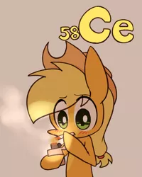 Size: 800x1000 | Tagged: applejack, artist:joycall6, blushing, cerium, chemistry, cigarette, derpibooru import, lighter, part of a set, periodic table, safe, series:joycall6's periodic table, smoking, solo