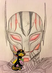 Size: 753x1060 | Tagged: safe, artist:ameliacostanza, derpibooru import, spike, ponified, insect, pony, robot, unicorn, wasp, avengers, avengers: age of ultron, avengers: earth's mightiest heroes, crossover, janet van dyne, marvel, spikexwasp, traditional art, ultron, unconscious