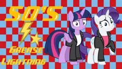 Size: 3840x2160 | Tagged: safe, artist:sebisscout1997, derpibooru import, rarity, twilight sparkle, twilight sparkle (alicorn), alicorn, pony, 1950s, 50's fashion, clothes, female, greaser, jacket, leather jacket, mare, vector, wallpaper