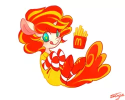 Size: 1000x800 | Tagged: safe, artist:ciciya, derpibooru import, oc, oc:ciciya, oc:corporate whore, ponified, unofficial characters only, pony, clothes, cosplay, costume, fast food, food, french fries, mcdonald's, ronald mcdonald, socks, solo, striped socks, uncle mcdonald's costume