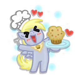 Size: 720x720 | Tagged: safe, artist:foxgirlkira, derpibooru import, derpy hooves, pegasus, pony, ><, bipedal, blushing, cute, derpabetes, eyes closed, female, food, happy, hoof hold, mare, muffin, smiling, that pony sure does love muffins, xd