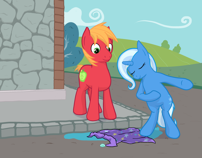 Size: 1280x999 | Tagged: safe, artist:manateemckenzie, derpibooru import, big macintosh, trixie, earth pony, pony, bipedal, cape, clothes, female, male, puddle, shipping, stallion, straight, trixie's cape, trixmac