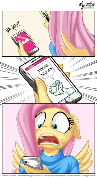 Size: 556x1024 | Tagged: anthro, artist:mysticalpha edits, artist:pikapetey, derpibooru import, fluttershy, fluttershy's phone, meme, open mouth, phone, poopie scoopie, safe, shocked