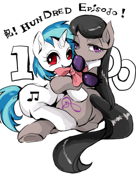 Size: 480x640 | Tagged: safe, artist:wan, derpibooru import, octavia melody, vinyl scratch, slice of life (episode), backwards cutie mark, engrish, female, lesbian, scratchtavia, shipping, wrong eye color