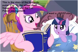 Size: 1024x683 | Tagged: safe, deleted from derpibooru, derpibooru import, princess cadance, twilight sparkle, alicorn, pony, unicorn, bed, bedtime story, book, cadance's bedtime stories, calvin and hobbes, duo, exploitable meme, female, filly, filly twilight sparkle, looking up, meme, younger