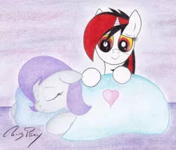 Size: 1024x874 | Tagged: artist:thechrispony, couple, cute, derpibooru import, fallout equestria, fallout equestria: project horizons, fanfic art, female, gloryjack, lesbian, oc, oc:blackjack, oc:morning glory (project horizons), oc x oc, safe, shipping, sleeping, traditional art, unofficial characters only