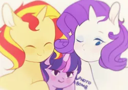 Size: 500x353 | Tagged: safe, artist:balaraika, derpibooru import, rarity, sunset shimmer, twilight sparkle, pony, counterparts, magical trio, photobomb, selfie, twilight's counterparts