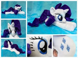 Size: 1024x768 | Tagged: safe, artist:equinepalette, derpibooru import, rarity, pony, unicorn, beanie (plushie), female, hand, irl, mare, photo, plushie, prone, solo