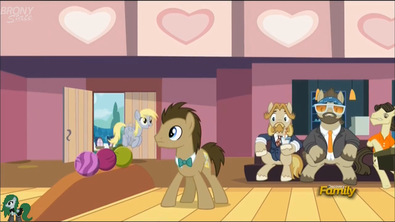 Size: 1920x1080 | Tagged: safe, derpibooru import, screencap, colter sobchak, derpy hooves, doctor whooves, jeff letrotski, time turner, pony, slice of life (episode), donny, male, stallion