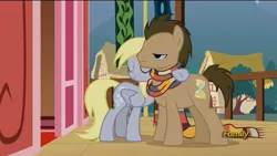 Size: 1600x900 | Tagged: safe, derpibooru import, screencap, derpy hooves, doctor whooves, time turner, pony, slice of life (episode), clothes, discovery family logo, fourth doctor's scarf, hug, male, reference, scarf, stallion, tom baker's scarf