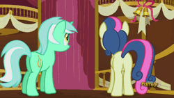 Size: 500x281 | Tagged: animated, bell, best friends, bon bon, butt bump, butt to butt, butt touch, derpibooru import, discovery family, discovery family logo, lyra heartstrings, safe, screencap, slice of life (episode), sweetie drops