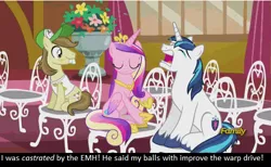 Size: 499x308 | Tagged: semi-grimdark, suggestive, derpibooru import, edit, edited screencap, screencap, hayseed turnip truck, princess cadance, shining armor, alicorn, earth pony, pony, unicorn, slice of life (episode), bronybait, bucktooth, caption, castration, chair, exploitable meme, eyes closed, female, image macro, male, mare, meme, meta, open mouth, sitting, stallion, star trek, star trek: voyager, text, wat, whining armor