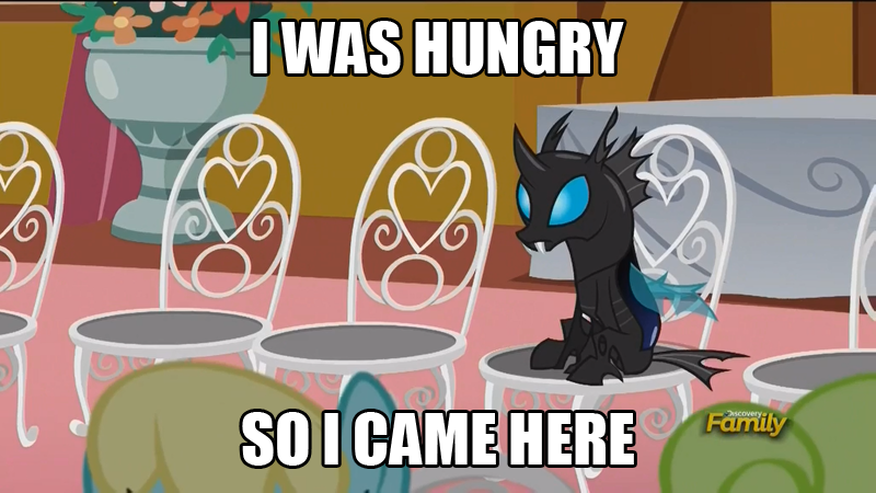 Size: 800x450 | Tagged: caption, chair, changeling, daisy, derpibooru import, discovery family logo, edit, edited screencap, flower wishes, frown, image macro, kevin (changeling), meme, safe, sassaflash, screencap, sitting, slice of life (episode), solo, text