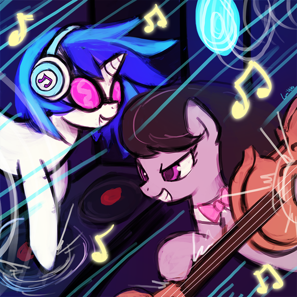 Size: 750x750 | Tagged: safe, artist:lumineko, derpibooru import, octavia melody, vinyl scratch, earth pony, pony, unicorn, slice of life (episode), bow, bowtie, female, grin, mare, smiling, sunglasses, that was fast