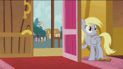 Size: 500x281 | Tagged: safe, derpibooru import, screencap, applejack, derpy hooves, fluttershy, pinkie pie, rainbow dash, rarity, twilight sparkle, twilight sparkle (alicorn), alicorn, pony, slice of life (episode), animated, denied, derpy doing derpy things, derpy's door, discovery family, discovery family logo, door, exploitable meme, eyes closed, female, lock, mane six, mare, meme, obligatory pony, open mouth, smiling, talking