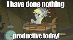 Size: 551x307 | Tagged: safe, derpibooru import, screencap, derpy hooves, pegasus, pony, slice of life (episode), 100th episode, animated, caption, cute, derpabetes, derpy doing derpy things, discovery family logo, female, flying machine, grin, i have done nothing productive all day, image macro, impact font, mare, meme, muffin 1, smiling, solo, squee, text