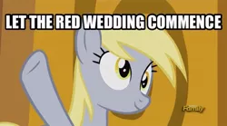 Size: 606x337 | Tagged: safe, derpibooru import, screencap, derpy hooves, pegasus, pony, slice of life (episode), a song of ice and fire, caption, female, game of thrones, image macro, mare, meme, red wedding, solo, text, this will end in death, this will end in tears, this will end in tears and/or death