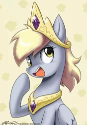 Size: 800x1143 | Tagged: safe, artist:johnjoseco, derpibooru import, derpy hooves, pegasus, pony, ask gaming princess luna, slice of life (episode), accessory theft, cute, derpabetes, female, happy, looking at you, mare, open mouth, pretty princess, princess derpy, raised hoof, solo, that was fast