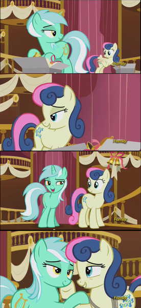 Size: 854x1854 | Tagged: safe, derpibooru import, edit, edited screencap, screencap, bon bon, lyra heartstrings, sweetie drops, slice of life (episode), best friends, comic, discovery family logo, female, friendship, hug, larson you magnificent bastard, lesbian, lidded eyes, lyrabon, m.a. larson, meme, screencap comic, shipping, thanks m.a. larson