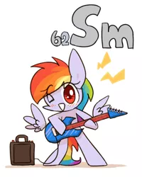 Size: 800x1000 | Tagged: safe, artist:joycall6, derpibooru import, part of a set, rainbow dash, pegasus, pony, series:joycall6's periodic table, bipedal, blushing, cute, electric guitar, female, floating wings, guitar, mare, musical instrument, one eye closed, periodic table, samarium, simple background, solo, white background, wings, wink