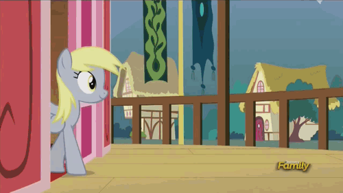 Size: 500x281 | Tagged: safe, derpibooru import, screencap, derpy hooves, doctor whooves, time turner, pony, slice of life (episode), animated, clothes, discovery family, discovery family logo, fourth doctor, fourth doctor's scarf, hug, male, scarf, stallion, tom baker's scarf