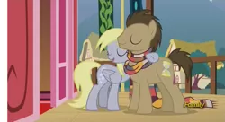 Size: 1401x764 | Tagged: safe, derpibooru import, screencap, derpy hooves, doctor whooves, time turner, pony, slice of life (episode), clothes, discovery family, discovery family logo, eyes closed, fourth doctor, fourth doctor's scarf, hug, male, open mouth, scarf, smiling, stallion, tom baker's scarf