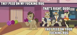 Size: 1073x500 | Tagged: safe, derpibooru import, screencap, colter sobchak, doctor whooves, jeff letrotski, time turner, pony, slice of life (episode), bowling, bowtie, caption, clothes, discovery family logo, donny, image macro, male, meme, stallion, text, the big lebowski, tuxedo, vulgar