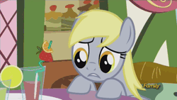 Size: 500x281 | Tagged: safe, derpibooru import, screencap, derpy hooves, pegasus, pony, slice of life (episode), animated, cute, derpabetes, discovery family, discovery family logo, female, juice, mare, solo, underp