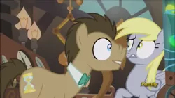 Size: 1920x1080 | Tagged: safe, derpibooru import, screencap, derpy hooves, doctor whooves, time turner, pony, slice of life (episode), boop, bowtie, discovery family logo, male, scrunchy face, stallion, surprised