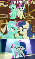 Size: 1240x2100 | Tagged: safe, derpibooru import, edit, edited screencap, screencap, bon bon, lyra heartstrings, sweetie drops, earth pony, pony, unicorn, equestria girls, rainbow rocks, slice of life (episode), caption, discovery family logo, duet, eye contact, female, just friends, lesbian, looking at each other, lyrabon, mare, meta, shipping, text