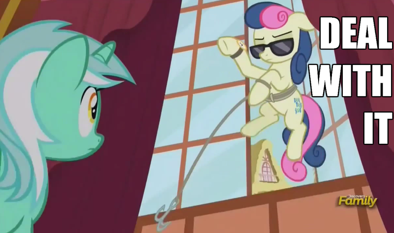 Size: 1200x710 | Tagged: bon bon, bon bond, caption, deal with it, derpibooru import, grappling hook, image macro, lyra heartstrings, meme, rope, safe, screencap, secret agent sweetie drops, slice of life (episode), sunglasses, sweetie drops, text, watch