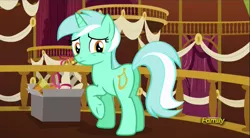 Size: 1025x565 | Tagged: safe, derpibooru import, screencap, lyra heartstrings, pony, slice of life (episode), butt, discovery family logo, female, looking back, mare, plot, raised hoof, solo, town hall