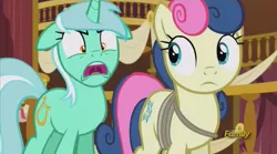 Size: 1023x567 | Tagged: angry, bon bon, bon bond, derpibooru import, discovery family logo, lyra heartstrings, lyra is not amused, open mouth, safe, screencap, secret agent sweetie drops, slice of life (episode), sweetie drops, town hall, unamused