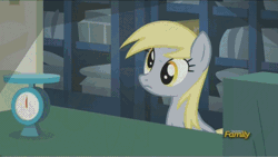 Size: 640x360 | Tagged: safe, derpibooru import, screencap, derpy hooves, pegasus, pony, slice of life (episode), animated, basket, caption, female, food, gif, gif with captions, mare, muffin, solo