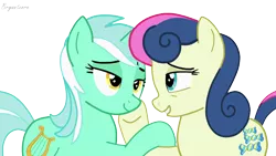 Size: 1920x1080 | Tagged: safe, artist:bryantcore, derpibooru import, bon bon, lyra heartstrings, sweetie drops, earth pony, pony, unicorn, slice of life (episode), duo, female, lesbian, lidded eyes, looking at each other, lyrabon, remake, shipping, simple background, smiling, transparent background, vector