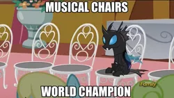 Size: 960x540 | Tagged: caption, chair, changeling, daisy, derpibooru import, edit, flower wishes, frown, image macro, kevin (changeling), meme, musical chairs, safe, sassaflash, screencap, sitting, slice of life (episode), text, world champion