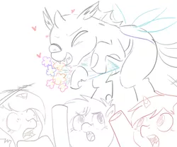 Size: 700x583 | Tagged: artist:klondike, blushing, bouquet, changeling, derpibooru import, flower, flying, heart, kevin (changeling), lineart, open mouth, pointing, safe, slice of life (episode), smiling, wide eyes