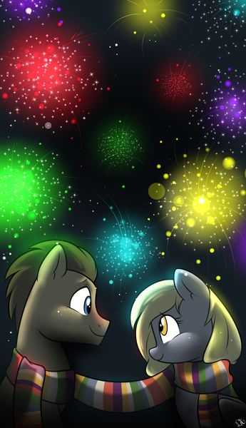 Size: 1280x2224 | Tagged: safe, artist:dragonfoxgirl, derpibooru import, derpy hooves, doctor whooves, time turner, pony, slice of life (episode), clothes, doctorderpy, female, flameless fireworks, fourth doctor's scarf, like a million bits, male, scarf, shared clothing, shared scarf, shipping, stallion, straight, tom baker's scarf