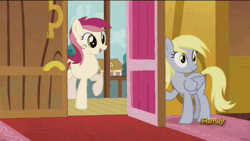 Size: 500x281 | Tagged: safe, artist:silentmatten, derpibooru import, edit, screencap, derpy hooves, doctor whooves, roseluck, time turner, pony, slice of life (episode), animated, derpy's door, discovery family logo, doctorderpy, doctorrose, door, exploitable meme, female, lock, love triangle, male, meme, obligatory pony, open mouth, raised hoof, shipping, shipping denied, smiling, stallion, straight