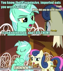 Size: 960x1080 | Tagged: safe, derpibooru import, screencap, bon bon, lyra heartstrings, sweetie drops, earth pony, pony, unicorn, slice of life (episode), caption, dialogue, duo, expensive imported oats, female, food, image macro, mare, meme, oats, text