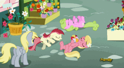 Size: 868x482 | Tagged: safe, derpibooru import, screencap, daisy, derpy hooves, flower wishes, lily, lily valley, roseluck, pegasus, pony, slice of life (episode), animated, el horror!, female, flower trio, hoofy-kicks, leg twitch, mare, playing dead, spanish, subtitles, the horror, twitching