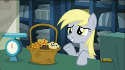 Size: 1366x768 | Tagged: safe, derpibooru import, screencap, derpy hooves, pegasus, pony, slice of life (episode), cute, derpabetes, female, food, grin, i just don't know what went wrong, mare, muffin, smiling, solo, squee, waving