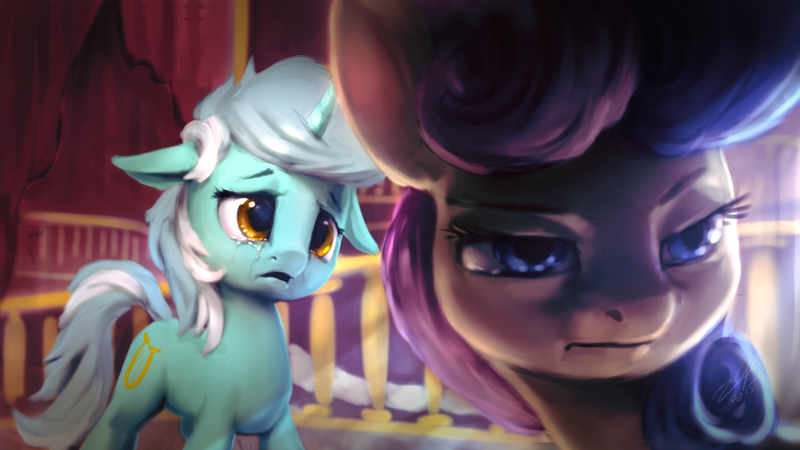 Size: 1920x1080 | Tagged: safe, artist:assasinmonkey, derpibooru import, bon bon, lyra heartstrings, sweetie drops, earth pony, pony, unicorn, slice of life (episode), bon bond, crying, duo, female, floppy ears, mare, open mouth, ponyville town hall, sad, scene interpretation, town hall