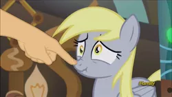 Size: 1920x1080 | Tagged: safe, derpibooru import, edit, screencap, derpy hooves, pegasus, pony, slice of life (episode), boop, boop edit, female, finger, frown, hand, mare, nose wrinkle, scrunchy face, wide eyes