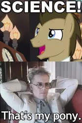 Size: 480x720 | Tagged: safe, derpibooru import, screencap, doctor whooves, time turner, pony, slice of life (episode), caption, glasses, image macro, male, meme, science, she blinded me with science, song reference, stallion, text, that's my x, thomas dolby