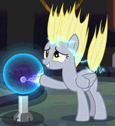 Size: 548x600 | Tagged: safe, derpibooru import, screencap, derpy hooves, pegasus, pony, slice of life (episode), animated, derpy doing derpy things, electricity, female, grin, mare, plasma ball, smiling, solo, tesla ball, tesla coil