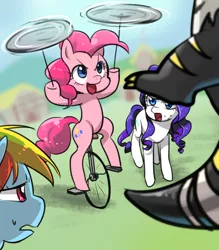 Size: 700x800 | Tagged: safe, artist:quizia, derpibooru import, pinkie pie, rainbow dash, rarity, bugbear, pony, slice of life (episode), female, mare, open mouth, pinkie being pinkie, plate spinning, unicycle
