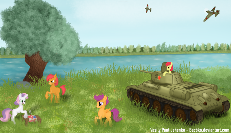 Size: 1024x592 | Tagged: apple bloom, artist:bacbko, babs seed, cutie mark crusaders, derpibooru import, mig-3, plane, safe, scootaloo, sweetie belle, t-34, tank (vehicle)